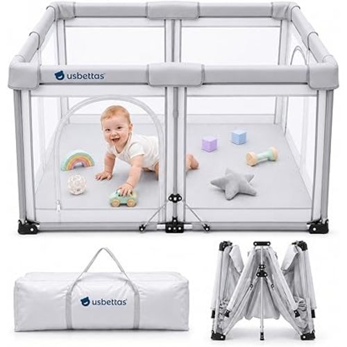 Foldable Baby Playpen, 1-Minute Setup, Lightweight Portable Playpen with Carry Bag, 50"x50" Indoor Outdoor Safty Play Yard for Babies & Toddlers, Light Gray