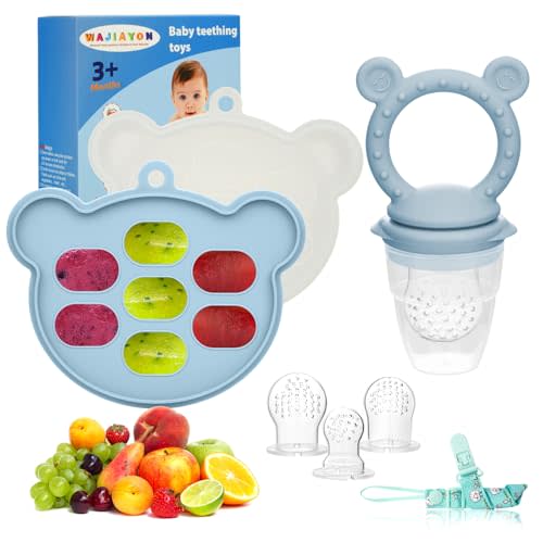 WAJIAYON Baby Breastmilk Popsicle Molds & Fruit Feeder (2 Pack), Baby Food Freezer Tray Storage Containers, Silicone Teething Pacifier Feeder and Teether for Babies - Sky Blue