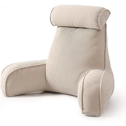 Reading Pillow for Sitting Up in Bed, Corduroy Backrest Pillow with Arms, Side Pocket & Washable Cover, Bed Rest Back Support for Adults, Teens & Kids, Dark Grey