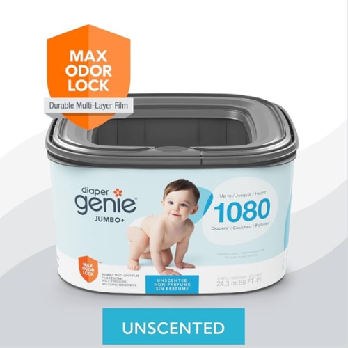 The Diaper Genie Jumbo+ Square Refill, with continuous film, can hold up to 1080 newborn-sized diapers per refill. (Pack of 2)
