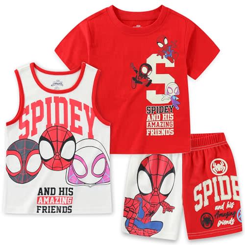 Marvel Spidey and His Amazing Friends Boys 3 Piece Tank Top T-Shirt and Shorts Set for Toddler and Big Kids