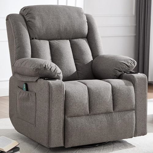 Rocker Swivel Recliner Chair for Adults, Overstuffed Large Manual Recliner Glider with Massage and Heat, Comfy Soft Fabric Living Room Reclining Sofa Chair (Lime Gray)
