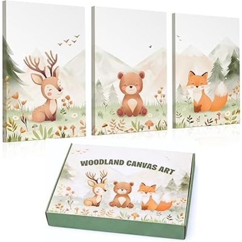 Woodland Nursery Wall Art – Set of 3 Neutral 12×16 Inch Animal Canvas Prints (Deer, Bear, Fox), Printed from Original Hand-Drawn Illustrations, Framed & Ready-to-Hang Baby Room Decor for Boys & Girls