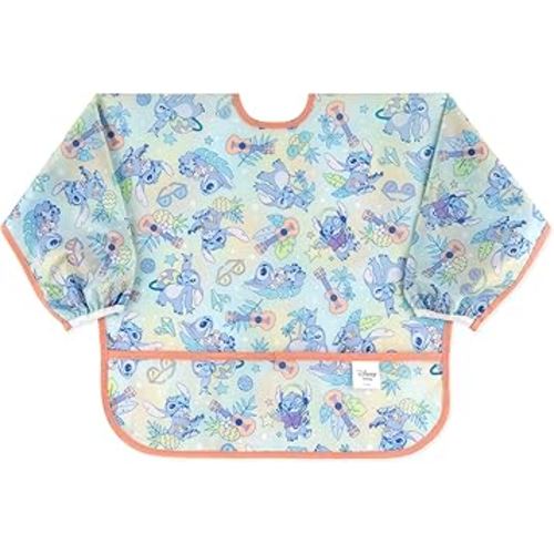 Bumkins Disney Sleeved Bib for Girl or Boy, Baby and Toddler for 6-24 Mos, Essential Must Have for Eating, Feeding, Baby Led Weaning Supplies, Long Sleeve Mess Saving Food Catcher, Aloha Stitch