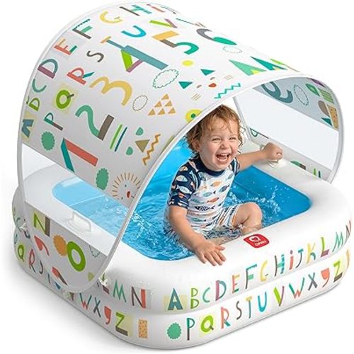 QPAU Baby Pool with Detachable Canopy for Sun Protection, 35" x 10" Portable Inflatable Kids Pool with Padded Bottom, Kiddie Pool & Ball Pit with Handles for Backyard and Indoor, Ages 1-3 (Blue)