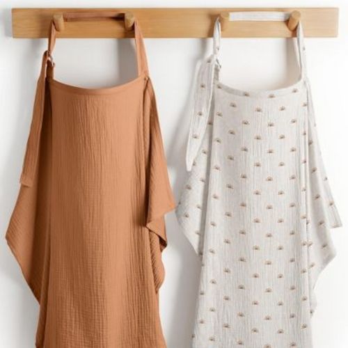 Comfy Cubs Muslin Nursing Cover, Pack of 2 - 100% Cotton Adjustable Neck Strap with Privacy Coverage - Sun Pattern and Caramel