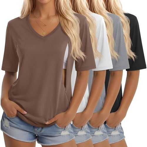 4 Pack Women's Nursing Shirt for Breastfeeding with Hidden Zipper Half Sleeves Tops V Neck Postpartum Maternity Tee
