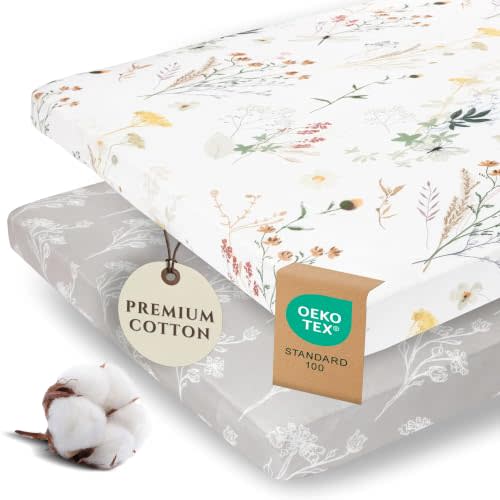 Pobi Baby Pack N Play Sheets for Girls, 2-Pack, Cotton Blend (Wildflower) | Playard Sheet, 2-Pack, Graco 38x26, Cotton, Mini Crib Sheet, Soft, Snug, Safe, Pack n Play, Playpen, Travel, Machine Wash