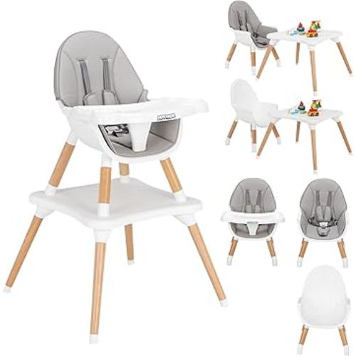 JOYMOR 5-in-1 Convertible Baby High Chair for Babies and Toddlers, Table and Chair Set, Wooden Infant Eating Highchair with Leather Seat Cushion, 4-Position Removeable & Adjustable Tray