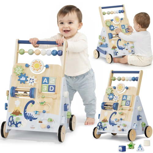 Toddler Push Walker, Wooden Push Walking Toys for 1-3 Year Old, Adjustable Speed Walker for Boy Girls, Dinosaur Toddler Walker, Montessori Walker Toy, Sit to Stand Walker with Activity Center