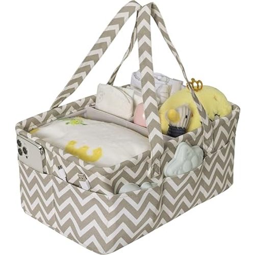 Navaris Nappy Caddy Organiser in Grey with Wavy Pattern - Baby Changing Basket with 10 Side Pockets & Removable Divider - Diaper Storage Bag - Newborn Essentials