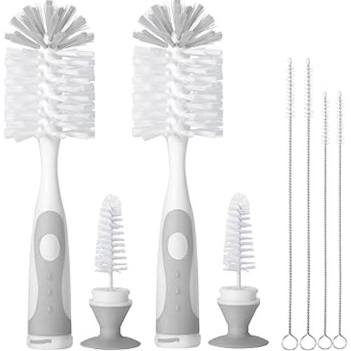 2 Pack Baby Bottle Brush with 4 Pack Straw Brushes, 10.2" Nylon Brushe with Nipple Cleaner and Stand Suction Cup (Gray)