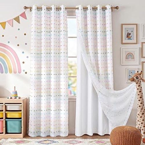 RYB HOME Rainbow 100% Blackout Pom Pom Curtains for Girls Bedroom Nursery