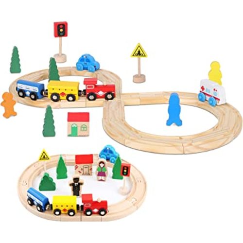 Wooden Train Tracks Toys for Toddler, 33 Pieces Magnetic Train with Wooden Tracks Fits for Thomas, Brio, Chuggington, Melissa and Doug, Rail Set Toy Gifts for 3 4 5 Years Old Girls & Boys