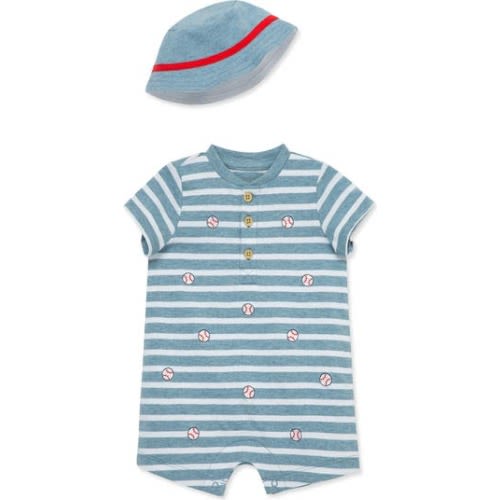 Baseball Stripe Romper & Bucket Hat Set, 3M