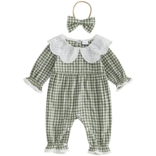 Newborn Baby Girl Romper Long Sleeve Lace Collar Gingham Plaid Jumpsuit