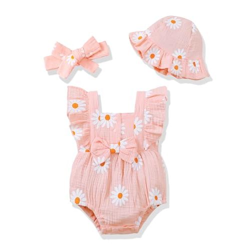 Renotemy Baby Girl Clothes Infant Summer Romper Cotton Linen Newborn Essentials Photography Preemie Outfits with Hat&Headband