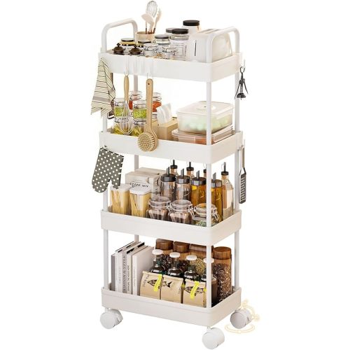 Homde Slim Rolling Cart for Kitchen: 4-Tier Space-Saving Narrow Floor Organizer - 37.4in Tall Vertical Storage for Bottles & Jars - Locking Wheels 8 Hooks for Hang & Grab