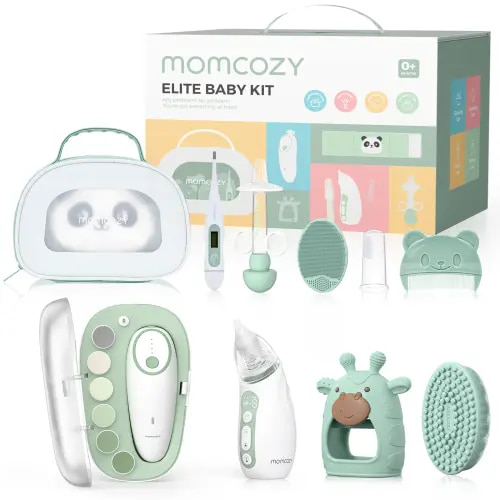 Momcozy Elite Baby Kit, Superior Gift Set for Grooming & Health & Cleansing, Include Electric Nail File&Nasal Aspirator, Heated Tummy Wrap,Thermometer,Bath Brush,Teether,Medicine Pacifier,Storage Case - TikTok Shop