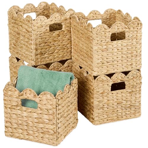 Best Choice Products 12 x 12in Scalloped Hyacinth Baskets, Rustic Set Of 5 Multipurpose Collapsible Storage Organizer, Handwoven Laundry Totes for Bedroom, Living Room, Shelves – Natural