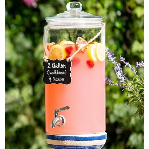 2 Gallon Beverage Serveware with Stainless Steel Spigot + Marker & Chalkboard 100% Leakproof Glass Drink Dispenser for Parties with Spout, Airtight Beverage Dispenser for Water Juice Laundry