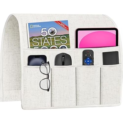 Joywell Couch Remote Holder Sofa Armrest Organizer Non Slip Arm Chair Caddie for Recliner with 6 Pocket Storage for Magazine, Tablet, Phone, iPad, Beige White