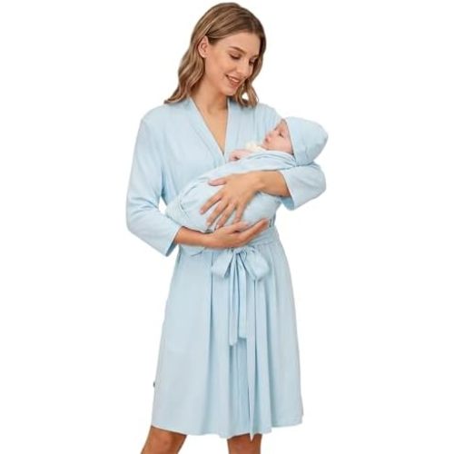 iiniim New Mom Maternity Robe and Newborn Swaddle Set with Baby Hat