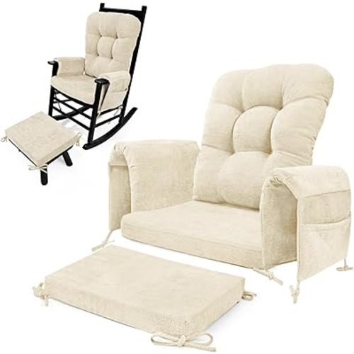 5 PCS Glider Rocker Replacement Cushions with Storage Side Pocket, Luxuriy Chenille Fabric Foam & Microfiber Filling, Thickened & Supportive Rocking Chair Cushion Set, Beige
