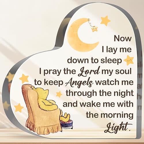 Winnie Christian Baptism Gifts for Girls Boys Newborn, Now I Lay Me Down to Sleep Sign Acrylic Heart, First Communion Sign Winnie, Religious Baby Gift Baptism Nursery Keepsake