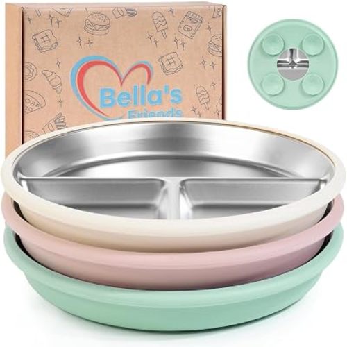 Bella's Friends Life Stainless Steel Baby Plates with Suction 3 Pack, 8” Divided Toddler Plates with Removable Silicone Sleeves for Mess-Free Feeding, Non-Toxic, Non-Slip, Dishwasher Safe