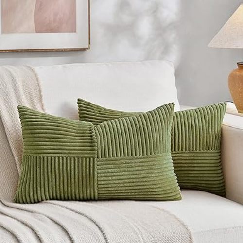 Fancy Homi 2 Packs Moss Green Lumbar Decorative Throw Pillow Covers 12x20 Inch for Living Room Couch Bed, Rustic Farmhouse Boho Home Decor, Soft Striped Corduroy Rectangle Accent Cushion Case 30x50 cm