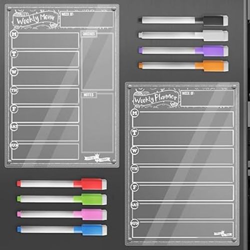 CHALKY CROWN Acrylic Magnetic Weekly Planner for Fridge Plus Menu Board for Kitchen with 8 Magnetic Markers - Dry Erase Board for Fridge - Weekly Meal Planner (2 Boards, 14.5x10.2 Each)