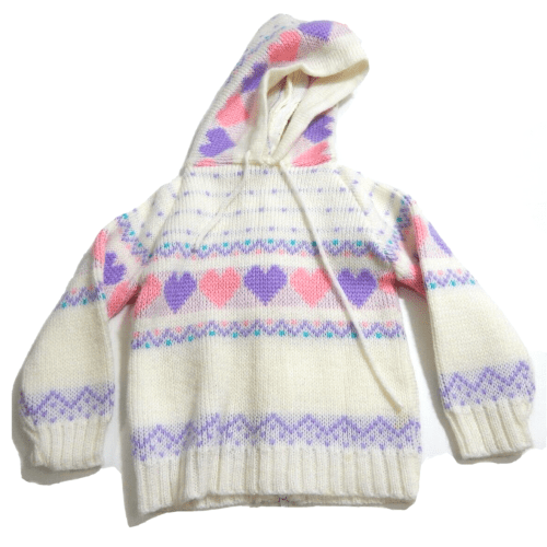 Vintage 1980's Baby 6-9 Months Sweater Pink Purple Heart Kawaii Hooded Up Scale