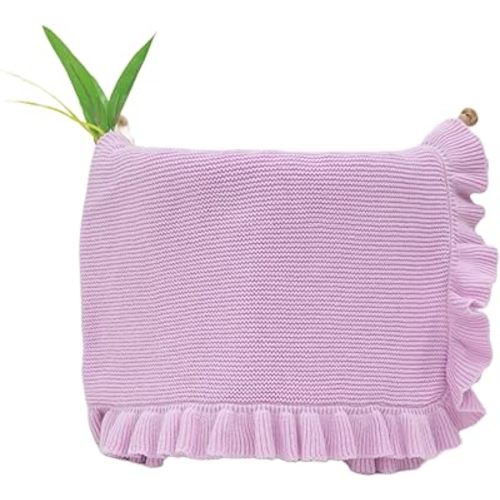 Cotton Baby Blanket with Ruffle Edge Soft Breathable Newborn Blanket for Boys & Girls, Lightweight Knit Throw for Crib, Stroller & Nursery Multiple Colors Available Lilac 28x36