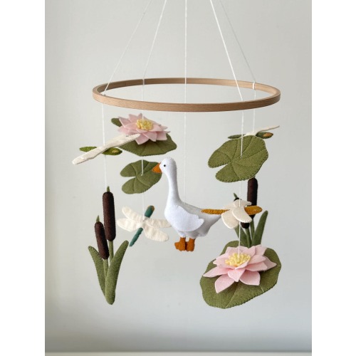Goose Baby Mobile, Cottage Nursery Decor, Countryside Pond Crib Mobile, Dragonfly Lily Nursery, Vintage English Nursery, Neutral Baby Mobile