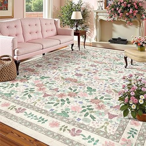 Deerly Floral Washable Rugs 8x10 Large Vintage Living Room Carpet Boho Non-Slip Soft Low Pile Thin Bedroom Floor Mat Indoor for Dining Room Playroom Nursery Farmhouse, Beige/Light Pink/Multi