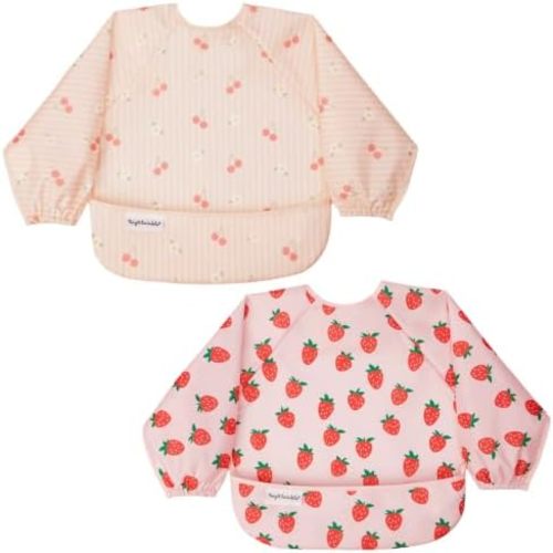 Tiny Twinkle Long Sleeve Bib for Babies&Toddlers|2-Pack Waterproof Smock Bib for Eating|Machine Washable&Mess-Proof Feeding Essentials|Newborn Shower Gift(Cherry Coquette,Strawberries,6-24M)