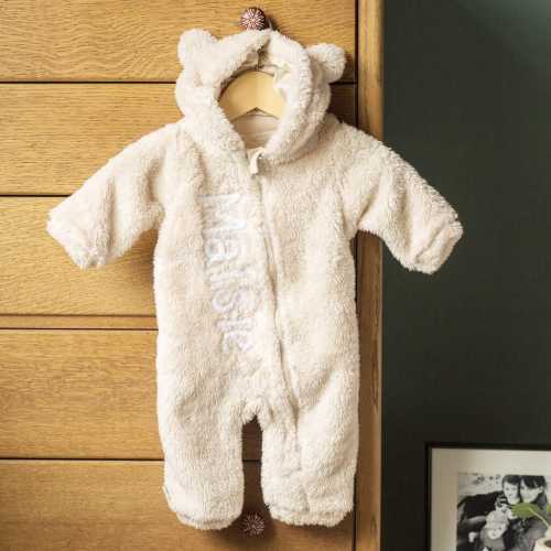 Personalized Baby Bear Pramsuit: Hand-Felted Name, Coral Fleece Jumpsuit