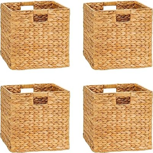 12x12 Storage Baskets, Handwoven Water Hyacinth Wicker Cube Bins for Shelves & Organizing, Foldable Decorative Storage with Handles, Set of 4