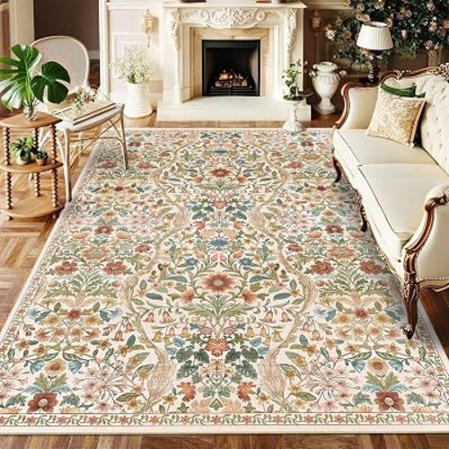 Floral Area Rug 5x7 Washable Botanical Carpet for Living Room