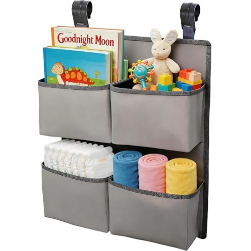Hanging Diaper Organizer for Crib/Playpen/Bassinet/Playard – Hold 80+ Diapers - 4 Deep Pockets- Changing Table Diaper Holder Bag- Diaper Storage for Newborn Baby Essentials Stacker Caddy, Gray