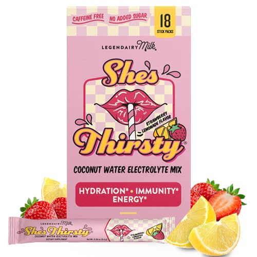 Legendairy Milk She’s Thirsty – Strawberry Lemonade, No Sugar Added Electrolytes Powder Packets–Coconut Water Mix for Women, Instant Hydration Packets, Immune Support, Pregnancy Safe, 18 Ct