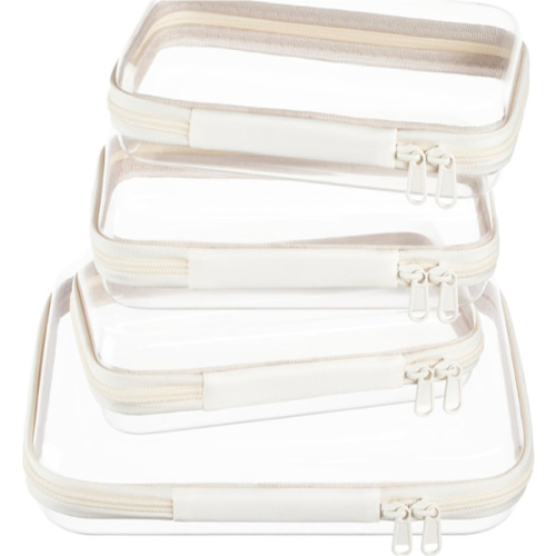 4 pcs Clear Zipper Pouches,Hard Shell Zipper Case, Toiletry Bag for Travel, CLear Diaper Bag, Toiletry Pouch, Travel Organizer, Cosmetic Bag,Toy Storage Bins (M+3S)(Ivory)