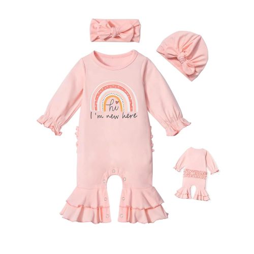 Newborn Girl Clothes Ruffle Letter Print Romper Infant Bell Bottom Jumpsuit Boho Baby Girl Clothes with Headband Hat