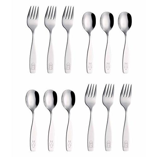 ANNOVA 12 Pieces Children's Safe Flatware/Cutlery/Silverware Set - Safe Kids Toddler Utensils Lunch Box (Engraved Dog Cat Bunny) (Stainless Steel, 12 Forks & Spoon)