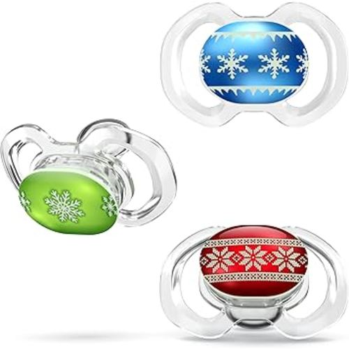 Smilo Baby Christmas Pacifier - 3 Pack of Slimline Dummies for Babies from 9+ Months - 100% Silicone Glow in The Dark Binky BPA Free - Christmas Ornaments