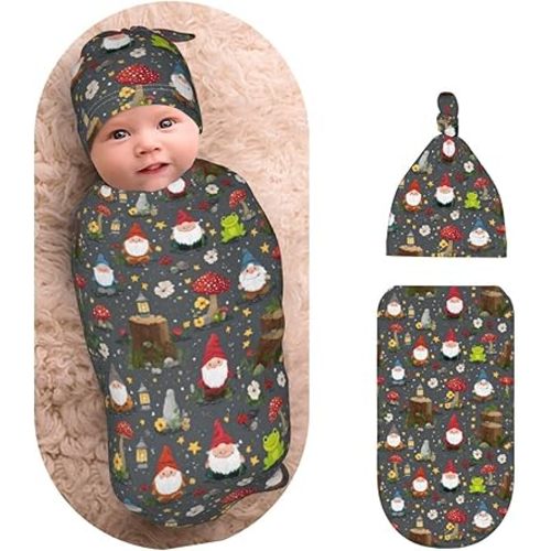 Gnomes Mushrooms Frog Flower Newborns Beanie Swaddle Blanket Set Baby Receiving Blankets for 0-6m Infant Boy Girl Swaddle Blankets Wrap Soft Sleeping Sack