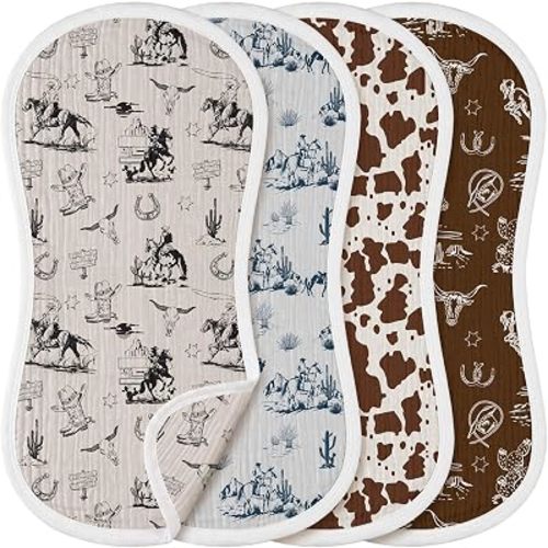 4 Pcs Retro Western Muslin Baby Burp Cloths 100% Cotton Cowboy Burping Rags