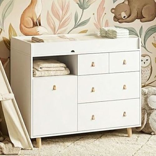 Baby Changing Table Nursery Dresser with Drawers, 45 Inch Hidden Trash Storage,Changing Station,Storage Dresser Chest for Infant, White