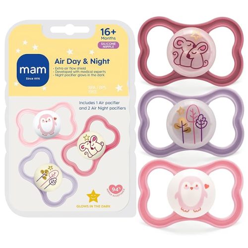 MAM Air Pacifier for Babies 6-16 Months, Extra Air Flow for Sensitive Skin, Glows in The Dark, Developed with Medical Experts, BPA-Free Skin Soft Silicone, 3 Count, Made in Europe